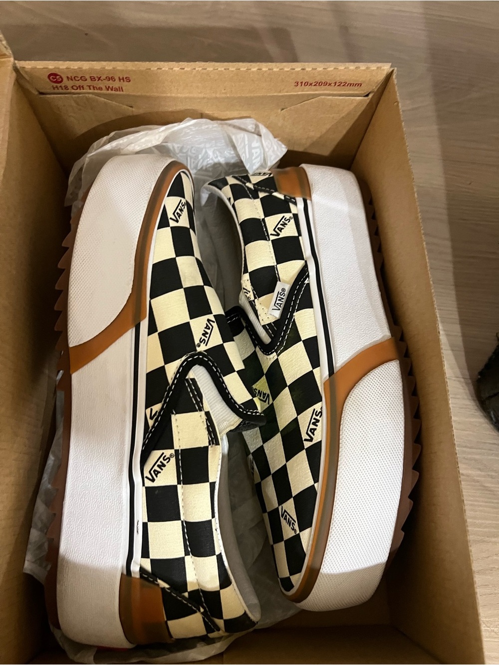 Vans Checkerboard Platform Slip-On Sneakers - Black & Cream with Brown Accents
